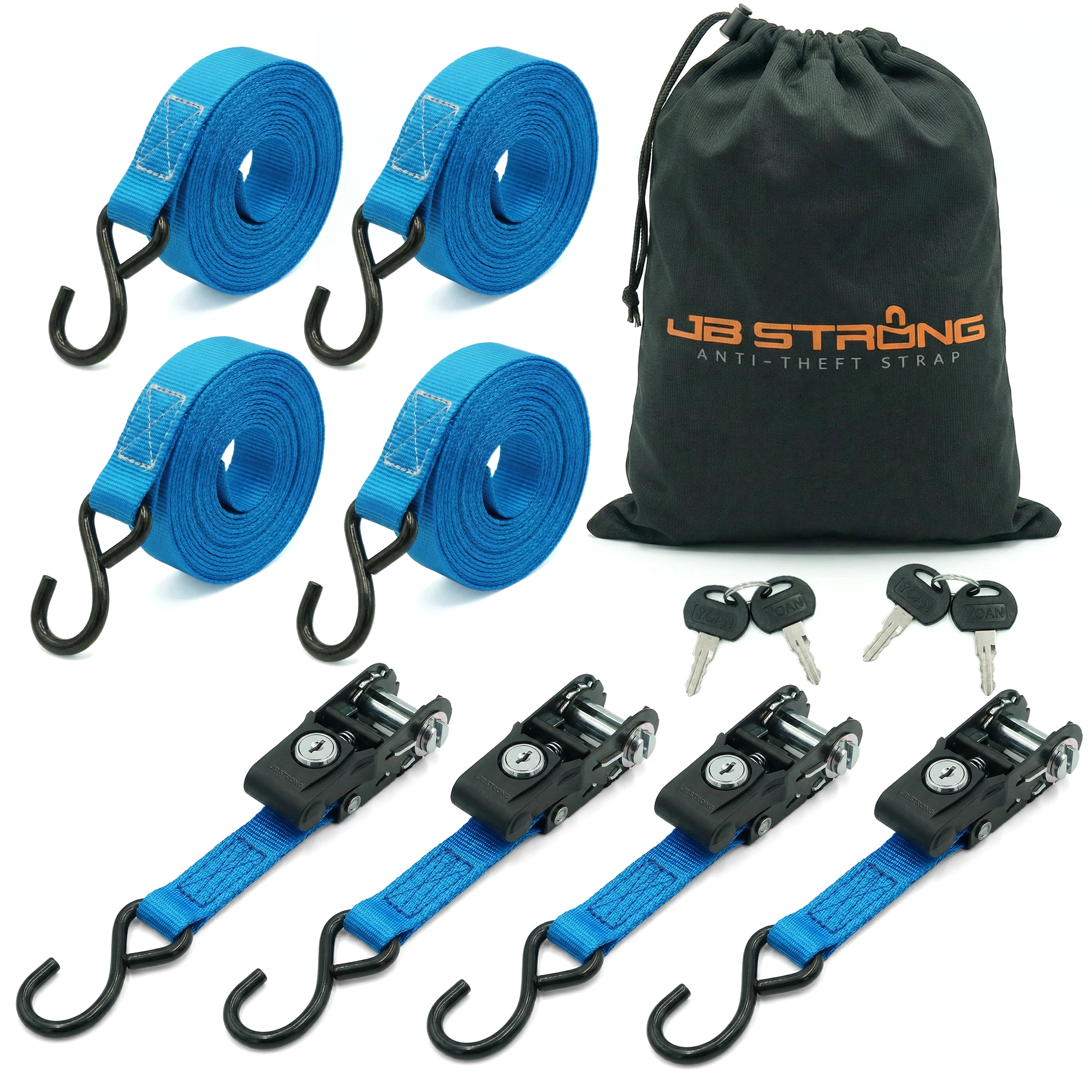 JB Strong Anti-Theft Ratchet Straps – 4 Pack Tie Down Straps w